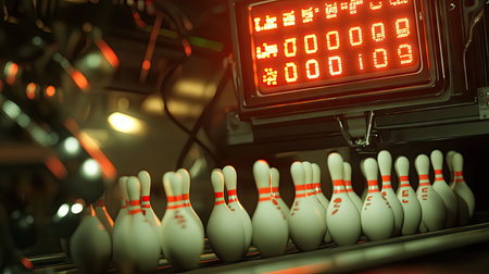 Mechanical pinsetter dropping pins into place, with a glimpse of a glowing scoreboard aboveの素材