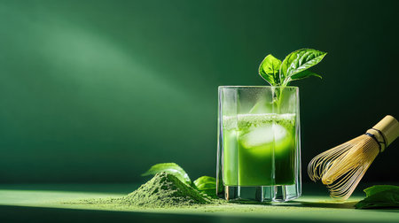 Matcha green tea in a transparent glass, sitting on a green surface with a whisk, powder, and fresh matcha leaves nearby, evoking tranquilityの素材