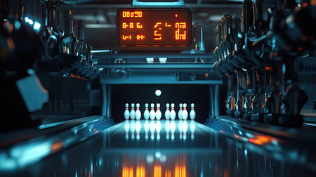 Mechanical pinsetter dropping pins into place, with a glimpse of a glowing scoreboard aboveの素材