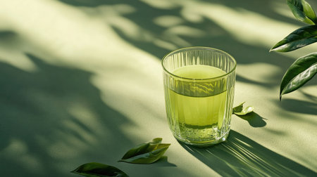 Matcha green tea in a clear glass sitting on a textured green surface, with a few delicate leaves scattered around, offering a natural feelの素材