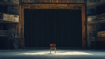 A shadowy abandoned theater with a single chair in the center of the stage, eerie silence filling the air.の素材