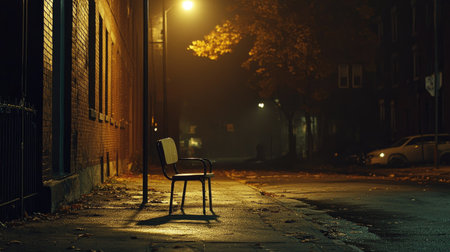 A single chair under a streetlight at night, surrounded by deep shadows and urban silence.の素材