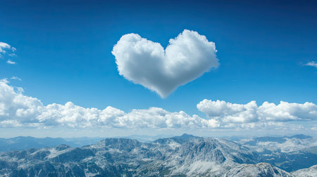 A single heart cloud high above a vast mountain range under a bright sky.の素材