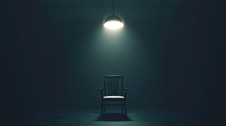 A shadowy interrogation room with a single chair and an overhead lamp casting stark contrast.の素材