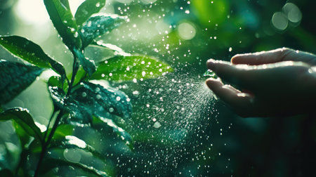 A close-up shot of water droplets forming on leaves as a woman sprays them.の素材