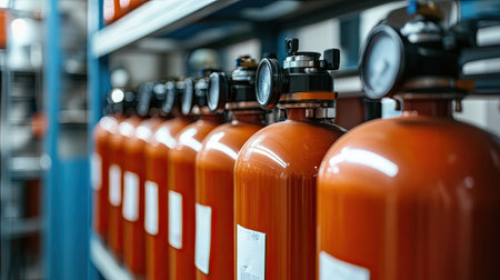 A set of compressed gas cylinders placed on a safety rack in a research laboratory.の素材