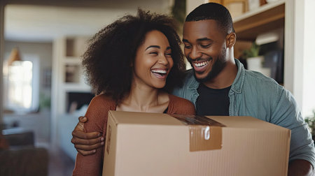 A couple smiling while arranging moving boxes in their new home, excited to settle in.の素材