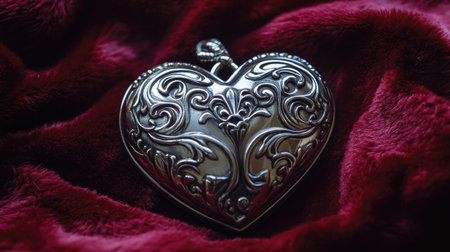 A silver heart lock with an intricate design, placed on a deep red velvet cloth.の素材