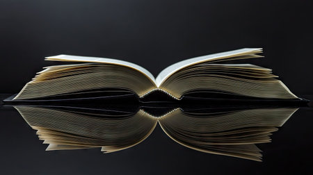 A dramatic shot of an open book on a high-gloss black table, reflecting its crisp pages.の素材