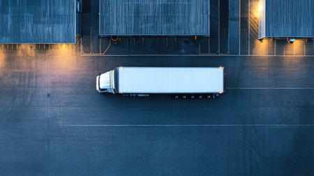 A semi-truck with an attached trailer parked in a vast industrial parking area.の素材
