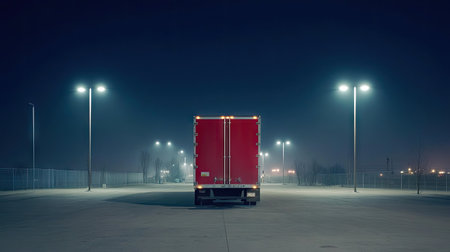 A single red semi-trailer truck parked in an empty lot at night, illuminated by streetlights.の素材