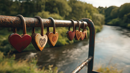 A set of heart-shaped padlocks attached to a bridge railing over a scenic river.の素材