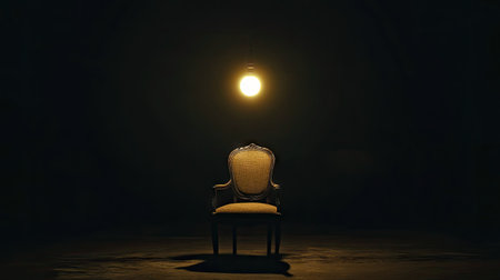 A single antique chair under a lone hanging light in an otherwise pitch-black environment.の素材