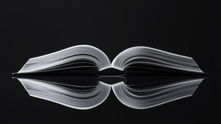 A dramatic shot of an open book on a high-gloss black table, reflecting its crisp pages.の素材