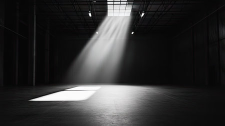 A single overhead spotlight in a vast dark warehouse, casting eerie elongated shadows.の素材