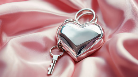 A shiny silver heart lock with a matching key on a soft pink satin background.の素材