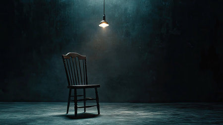A single antique chair under a lone hanging light in an otherwise pitch-black environment.の素材