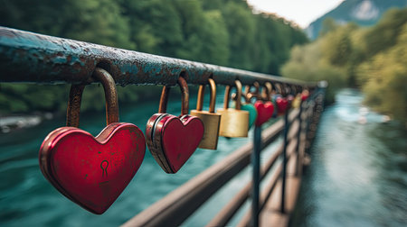 A set of heart-shaped padlocks attached to a bridge railing over a scenic river.の素材