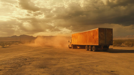 A semi-trailer truck parked in an empty desert lot, dust swirling in the background.の素材
