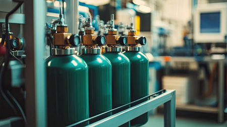 A set of compressed gas cylinders placed on a safety rack in a research laboratory.の素材