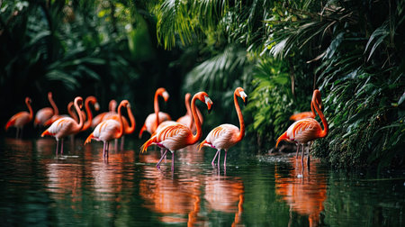 A group of vibrant pink flamingos wading gracefully in a serene lake, surrounded by lush greenery.の素材