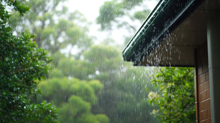 A dramatic downpour seen falling from a house roof, with a blurred background of trees.の素材