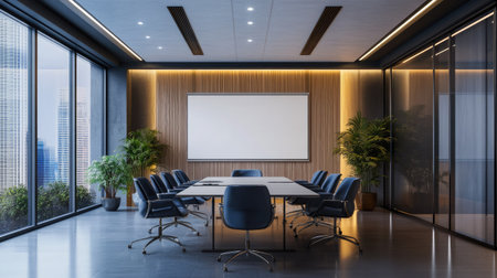 A high-resolution D render of a meeting room with a whiteboard, stylish chairs, and corporate branding elements.の素材