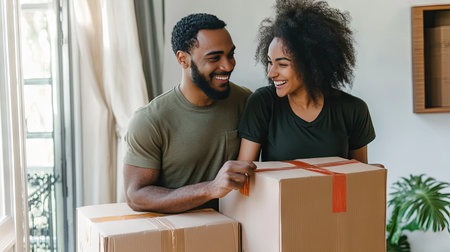 A couple smiling while arranging moving boxes in their new home, excited to settle in.の素材