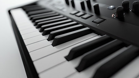A glossy black digital keyboard with its control panel and keys in sharp focus, isolated on white.の素材