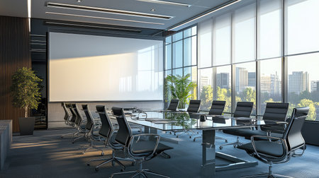 A corporate meeting room setup with a large glass whiteboard, executive chairs, and an elegant workspace design.の素材