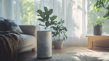 A cozy home interior featuring an air purifier and soft natural lighting.の素材