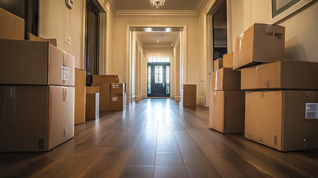 A hallway filled with moving boxes, a clear sign of a new home transition underway.の素材