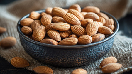 A close-up of roasted organic almonds in a metal bowl, placed on a textured cloth for a rustic, organic feel.の素材