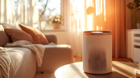 A cozy home interior featuring an air purifier and soft natural lighting.の素材