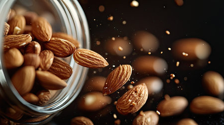 A close-up of roasted organic almonds being poured into a jar, capturing the crunch and natural texture.の素材