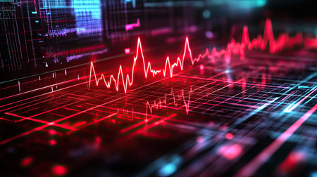 A digital pulse line in red, dynamically fluctuating across a high-resolution medical display.の素材