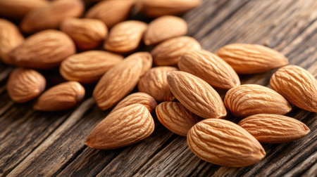 A close-up of roasted organic almonds scattered across a wooden surface, showing their rich golden-brown color.の素材