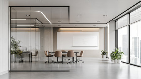A minimalistic open office space with a glass-walled meeting room featuring a clean whiteboard and decor.の素材