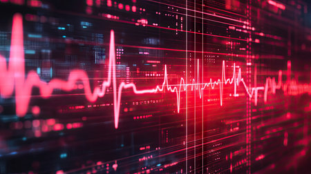 A digital pulse line in red, dynamically fluctuating across a high-resolution medical display.の素材