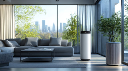 A futuristic air purifier in a smart home, blending with high-tech decor.の素材
