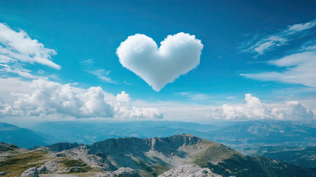 A single heart cloud high above a vast mountain range under a bright sky.の素材