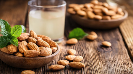 A healthy snack setting featuring roasted organic almonds with a refreshing drink on a wooden table.の素材