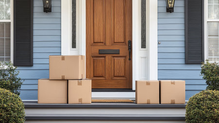 A front door of a new home with cardboard boxes on the porch, ready to be carried inside.の素材
