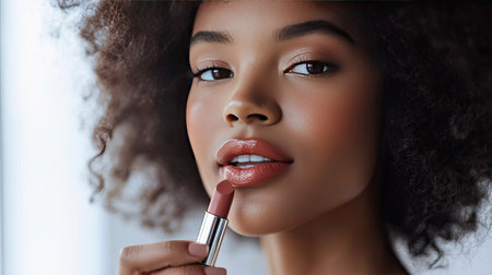 A close-up shot of a woman using a lipstick tube, applying the perfect shade to enhance her look.の素材