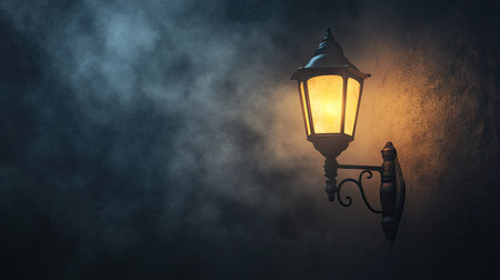 A single street wall lamp glowing in dense fog, creating an eerie ambiance.の素材
