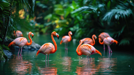 A group of vibrant pink flamingos wading gracefully in a serene lake, surrounded by lush greenery.の素材