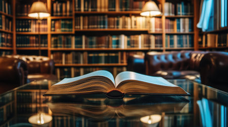 A cozy library setting with an open book on a glass table, its reflection creating symmetry.の素材