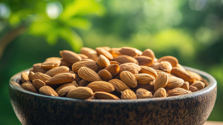 A delicious bowl of roasted organic almonds with a backdrop of nature and greenery for a fresh, wholesome vibe.の素材