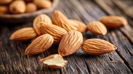 A handful of roasted organic almonds placed on a wooden table, with a few broken pieces visible.の素材