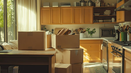 A kitchen filled with moving boxes, kitchenware packed inside, awaiting to be transferred.の素材